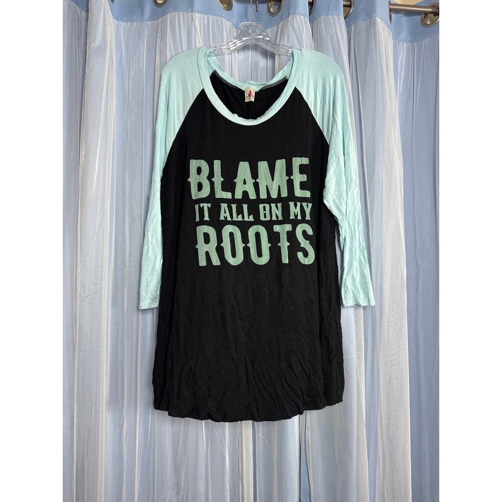 Curvy T-Shirt Women 1X Blame It All On My Roots Black Mint EUC